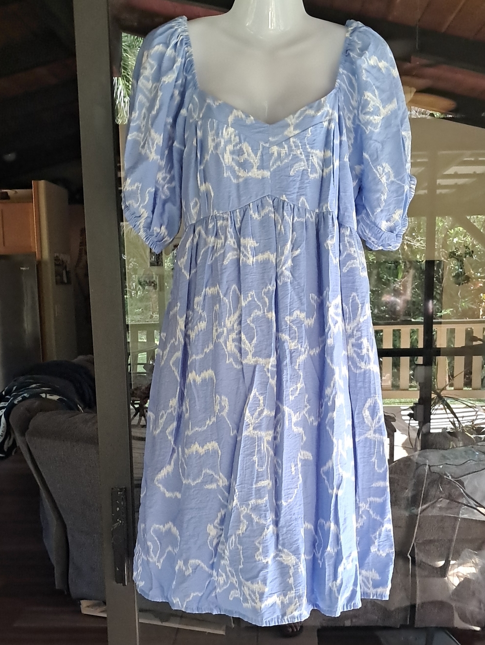 Periwinkle Puff Sleeve Midi Dress with White and Periwinkle Floral Print